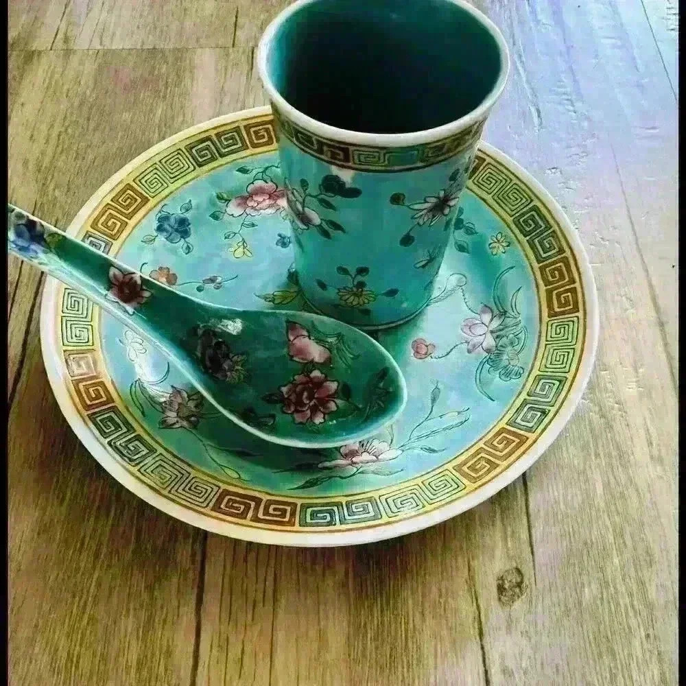 SET 3 VTG YELLOW FAm ROSE MUN SHOU JINGDEZHEN CHINA LONGEVITY Plate,cup,spoon